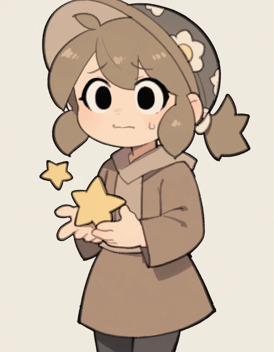 zPDXL, score_9, score_8_up, score_7_up, source_anime, flat color, sketch,
1girl, solo, nervous, (star_hands), brown hair, low ponytail, brown hat, brown jacket, brown shirt, brown skirt, black leggings, black eyes, chibi,
<lora:TemmieChang_ver2:1> tmchng,