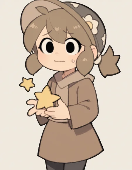 zPDXL, score_9, score_8_up, score_7_up, source_anime, flat color, sketch,
1girl, solo, nervous, (star_hands), brown hair, low ponytail, brown hat, brown jacket, brown shirt, brown skirt, black leggings, black eyes, chibi,
<lora:TemmieChang_ver2:1> tmchng,