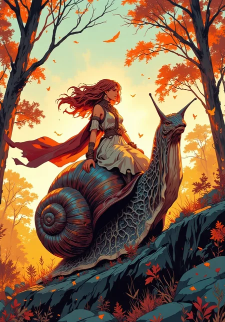 intricate linework with expressive contrasts, soft lighting with dynamic highlights, woman with wavy auburn hair riding a gigantic snail through forest terrain, silhouetted, sunset. Impressionistic, ligne claire outlines for clarity and structure, In the style of ff-td