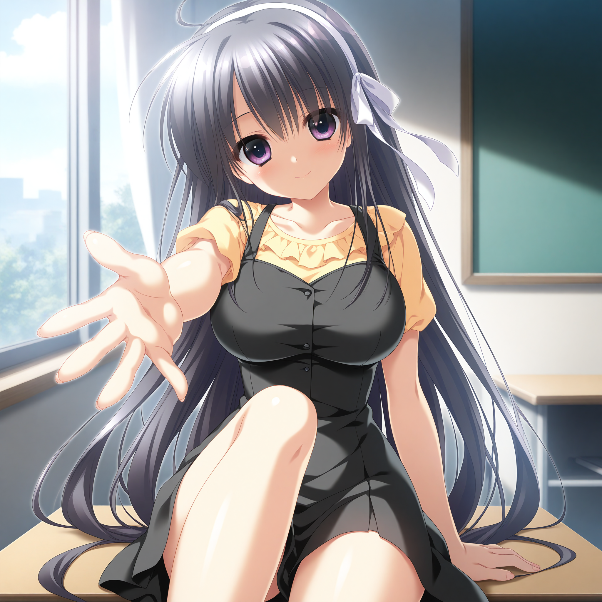 <lora:Himeno_Towa_1_nai-000028:1>,Himeno Towa,purple eyes,very long hair,large breasts,
white hairband,hair ribbon,white ribbon,
black dress,sleeveless dress,yellow shirt,short sleeves,
BREAK
1girl,solo,sitting,on desk,front view,looking at viewer,indoors,smile,arm support,head tilt,knee up,reaching towards viewers,