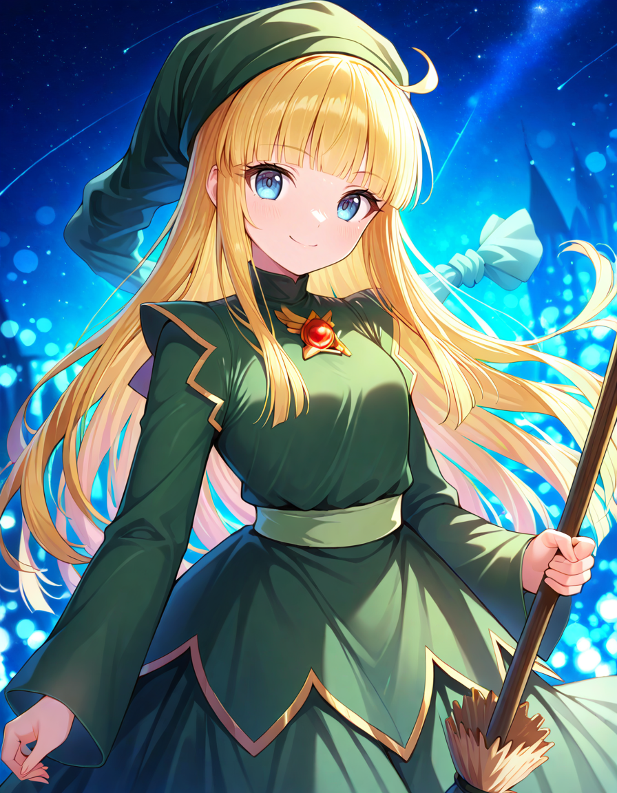 <lora:witchP4_SDXL_Illustrious01_fp16_ver01:1>,witchP4,1girl,blonde hair, long hair, green dress,green headwear,long sleeves,long skirt,brooch,blunt bangs,light green sash, blue eyes, broom, looking at viewer, smile,star, masterpiece, best quality, very aesthetic, absurdres,<lora:detailed_hands:1>,hand