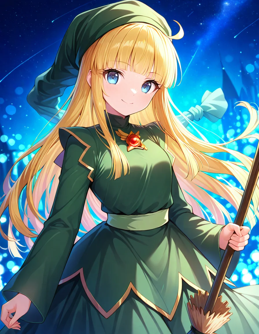 <lora:witchP4_SDXL_Illustrious01_fp16_ver01:1>,witchP4,1girl,blonde hair, long hair, green dress,green headwear,long sleeves,long skirt,brooch,blunt bangs,light green sash, blue eyes, broom, looking at viewer, smile,star, masterpiece, best quality, very aesthetic, absurdres,<lora:detailed_hands:1>,hand