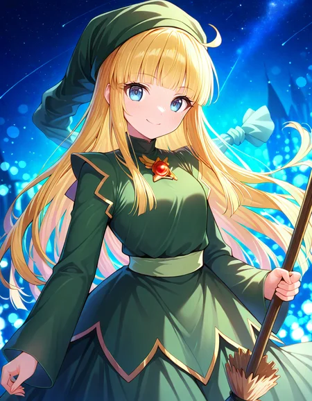 <lora:witchP4_SDXL_Illustrious01_fp16_ver01:1>,witchP4,1girl,blonde hair, long hair, green dress,green headwear,long sleeves,long skirt,brooch,blunt bangs,light green sash, blue eyes, broom, looking at viewer, smile,star, masterpiece, best quality, very aesthetic, absurdres,<lora:detailed_hands:1>,hand
