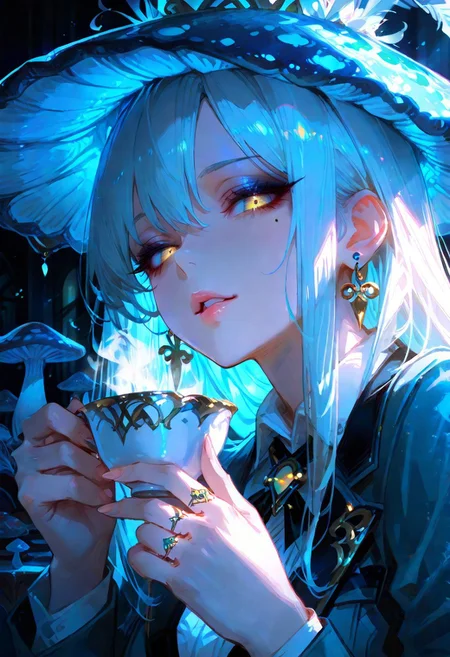 masterpiece, best quality, hyper-realistic, ultra-HD, intricate textures, luminous lighting, cinematic ambiance, shimmering gradients, ethereal glow, deep contrast, soft volumetric fog, subtle particles, radiant reflections, rich color tones, seductive atmosphere, captivating sensuality, Cinematic Lighting,Shadow,backlit, backlighting,
BREAK
plump glossy lips, flushed cheeks, alluring expression,
BREAK
raytracing, volumetric lighting, ambient occlusion, shimmering particles in the air, intricate cinematic background,intimate and seductive, crafted to captivate and seduce.
BREAK
(sexy, slutty, hot, aroused)
Mad Hatter, mushroom hat, teacup, suit, blue theme,
BREAK
long_hair, looking_at_viewer, holding, jewelry, earrings, parted_lips, finger nails, eyelashes, lips, mole_under_eye, makeup, ring, close-up, stud_earrings, mascara,