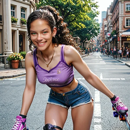 PonyScores6, 1girl (PR, Latina, black hair, curly wavy hair, ponytail, tan skin, fit body, medium breasts, sex ass), tight purple crop top, cutoff jeans, ass hanging out, view from behind, short shorts, knee pads, inline skates, skating down sidewalk, looking at viewer, smiling, small gold earrings, gold necklace, sexy pose, outdoors, sun shining, city street background, detailed background, <lora:PR_Pony_epoch_8:1>