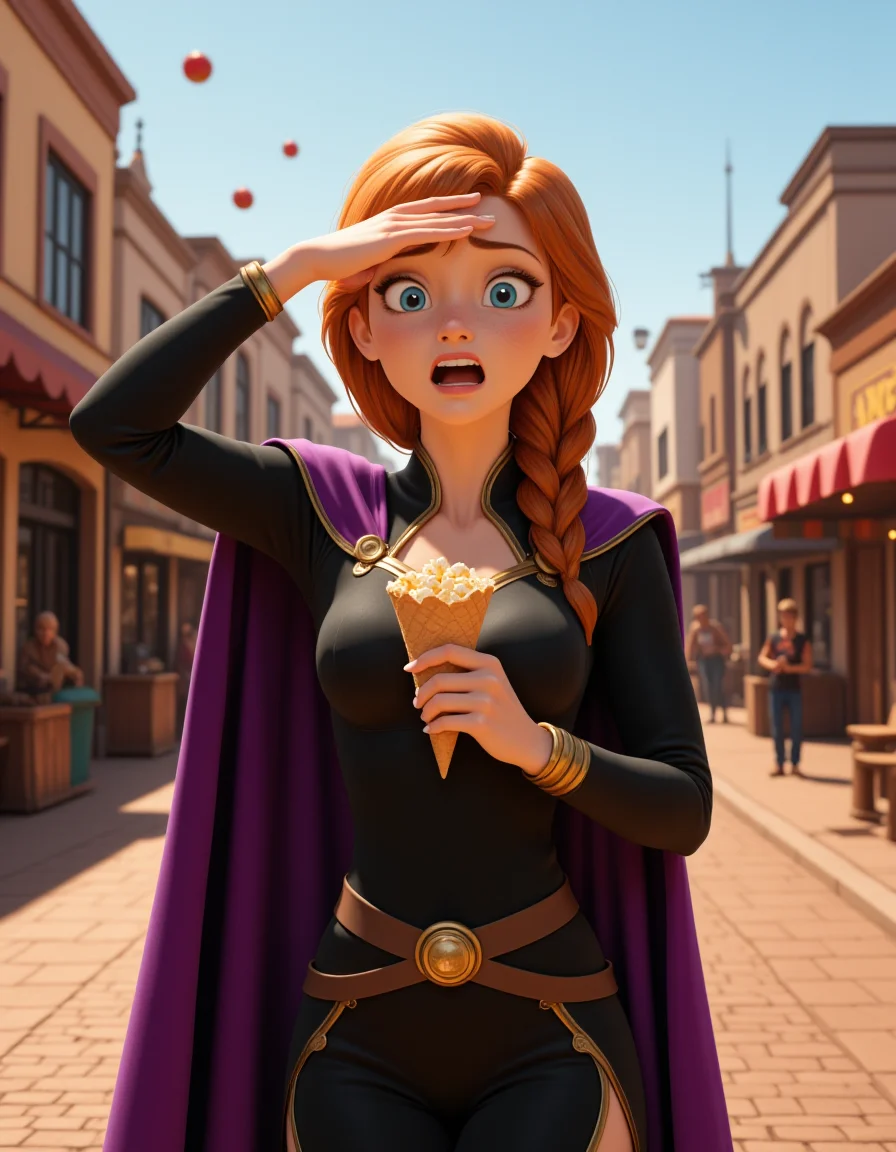 3d CGI Style in a wide shot. Looking at viewer, outdoors in daylight, explicit
She is a 25 year old mature woman, and adult, Enraged with clenched fists, flared nostrils, and eyes burning with fury.
<lora:Frozen_-_Anna_v2_000030:1> f-anna she has blue eyes, orange hair and a freckled face. Wearing a
Black long-sleeved dress with gold accents, attached brown belt, long purple cloak with satin lining and glittery artwork, hair styled in a half-up braid.
A woman stands amidst a bustling street fair, a cone of buttery popcorn in one hand, her other hand shielding her eyes from the sun as she watches street performers juggle with vibrant energy.