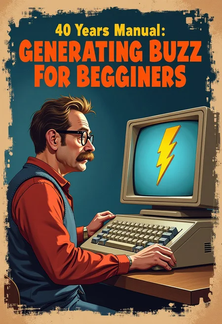 "Generating Buzz For Begginers" by CivitAI. A retro manual cover featuring a 40 years old programmer. He has a bushy mustache and thick-rimmed glasses. He sits at a desk and works on an old IBM computer that displays a pixel style golden lightning bolt on the screen.