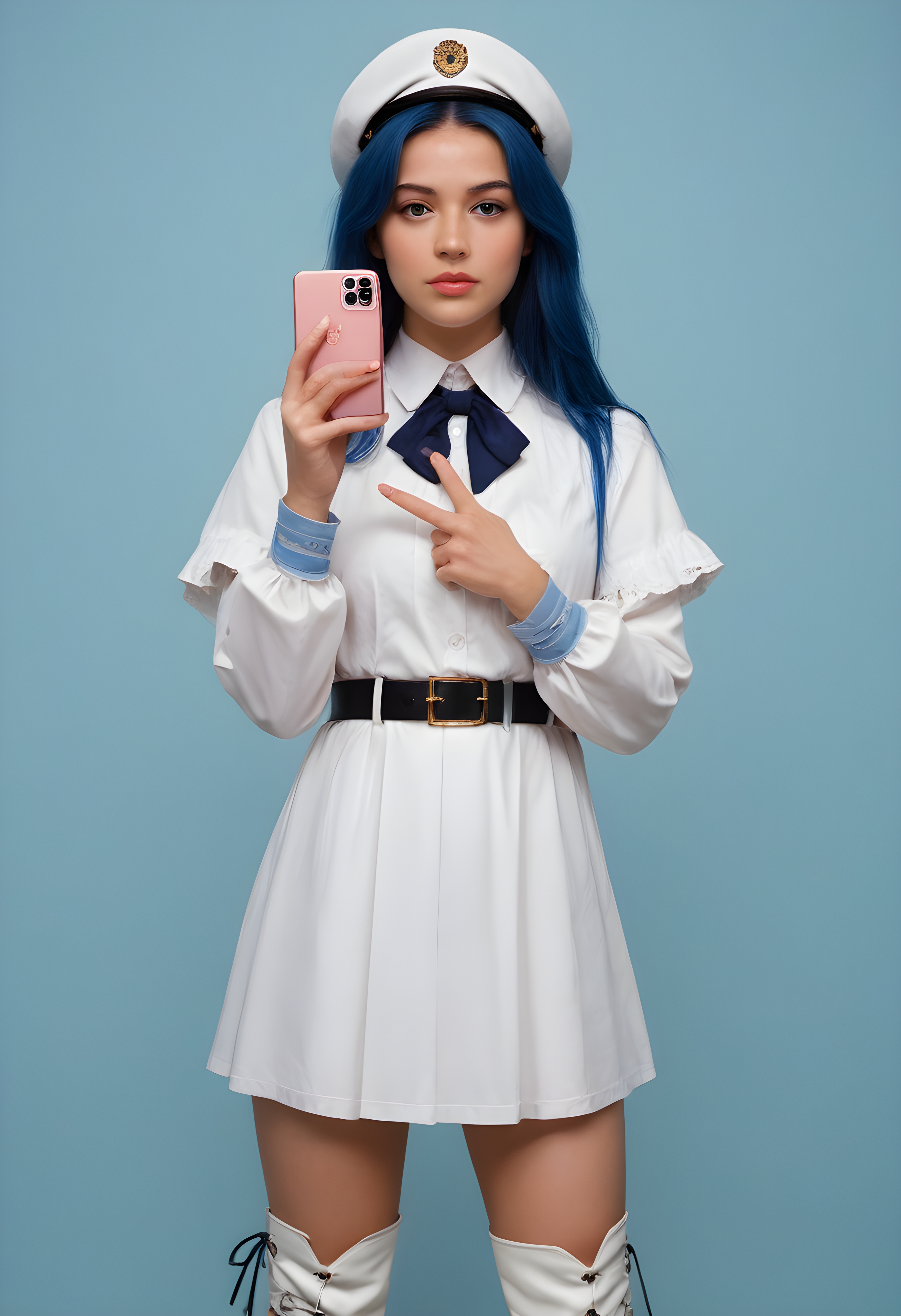 score_9, score_8_up, score_7_up, BREAK, The image shows a woman in a white and black dress and hat taking a selfie with her cell phone. She is standing in front of a blue background and there is a watermark on the image. realistic, 1girl, solo, long hair, skirt, thighhighs, long sleeves, hat, blue hair, standing, boots, belt, uniform, white thighhighs, zettai ryouiki, v, thigh boots, blue background, white footwear, layered sleeves,  photo, real hair, detailed skin, highly detailed, detailed skin, film grain, <lora:zy_AmateurStyle_v2:0.45>