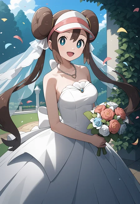 score_9, score_8_up, score_7_up, score_6_up, score_5_up, score_4_up, source_anime, aarosa, long hair, brown hair, double bun, twintails, visor cap, blue eyes, medium breasts, <lora:rosa_(pokemon)_ponyxl_v1:0.9>, garden, wedding dress, necklace, smile, open mouth, bouquet, day, confetti, cowboy shot, standing, cowboy shot,