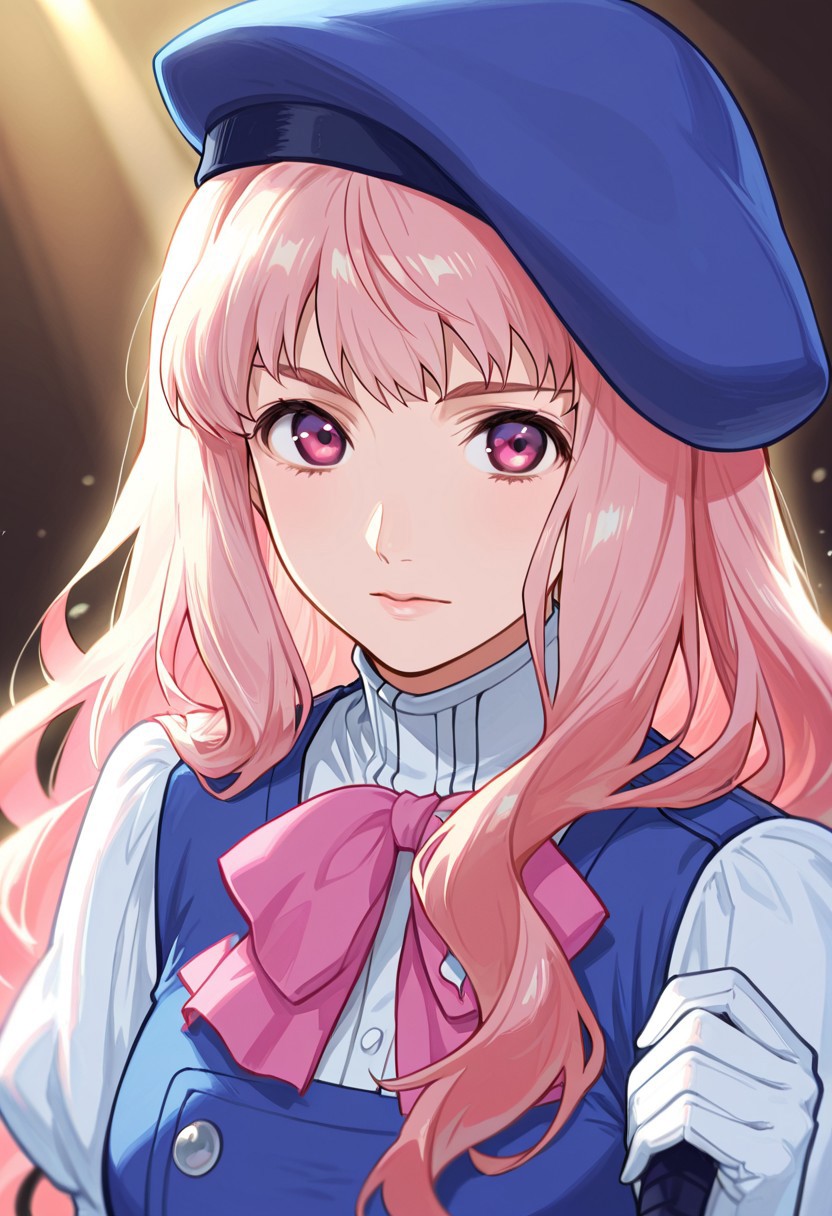 ,masterpiece, very aesthetic,8k,masterpiece, best quality, upper body, 1girl, sheylnome, pink blond hair, looking at viewer,frenchBlue outfit , white gloves , blue beret, pink bow, white shirt
, impressionism 1.5, high detail, depth of field, blurred background, dramatic lighting, in Stage