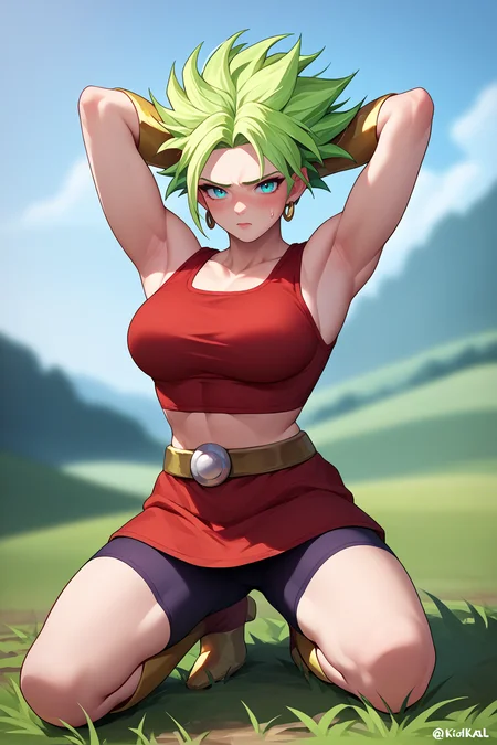 score_9, score_8_up, score_7_up, score_6_up, source_anime, 1girl, solo, <lora:kale-pdxl-nvwls-v1-000007:1> s2Kal, green hair, aqua eyes, red tank top, bracer, red skirt, shorts under skirt, midriff, big breasts, boots, kneeling, arms behind head, blush, sweatdrop, field, looking at you