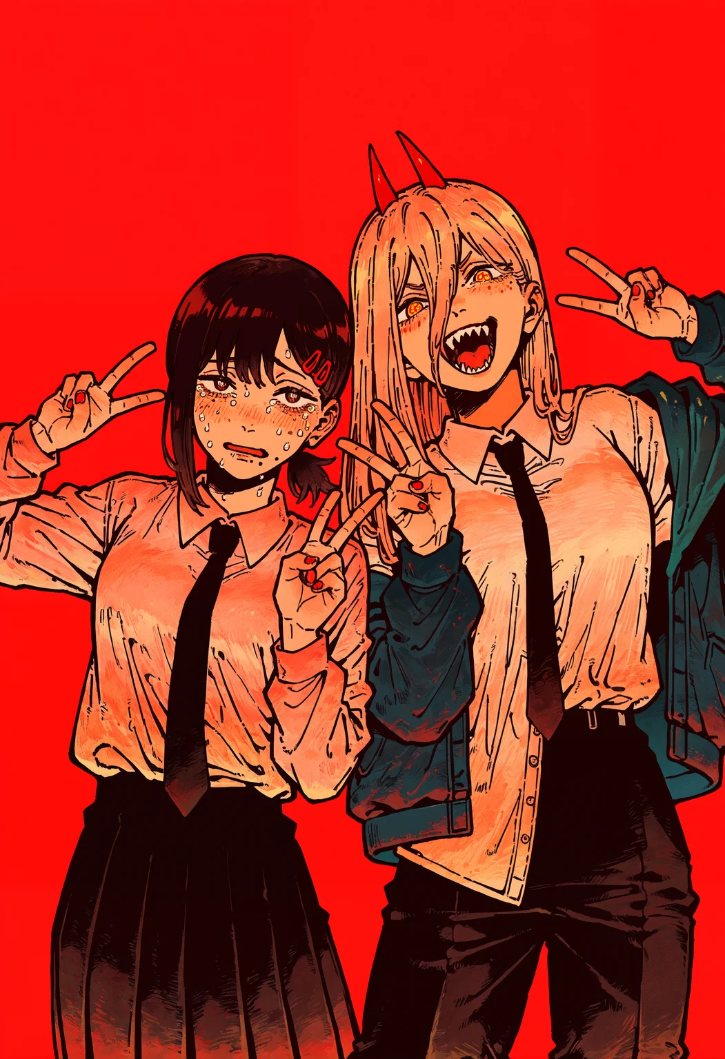 masterpiece, absurdres, newest, very awa, kou \(tamagosan1001\),   2girls, power \(chainsaw man\), higashiyama kobeni, red background, standing, double v, straight-on,   <lora:spo_sdxl_10ep_4k-data_lora_webui>,  <lora:TA_trained:0.35>,  <lora:NOOB_EPSv1_1_detailer_by_vlnvk_v0_5>,  <lora:kou_tamagosan1001_NAI:0.8>