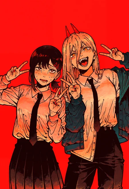masterpiece, absurdres, newest, very awa, kou \(tamagosan1001\), 2girls, power \(chainsaw man\), higashiyama kobeni, red background, standing, double v, straight-on, <lora:spo_sdxl_10ep_4k-data_lora_webui>, <lora:TA_trained:0.35>, <lora:NOOB_EPSv1_1_detailer_by_vlnvk_v0_5>, <lora:kou_tamagosan1001_NAI:0.8>