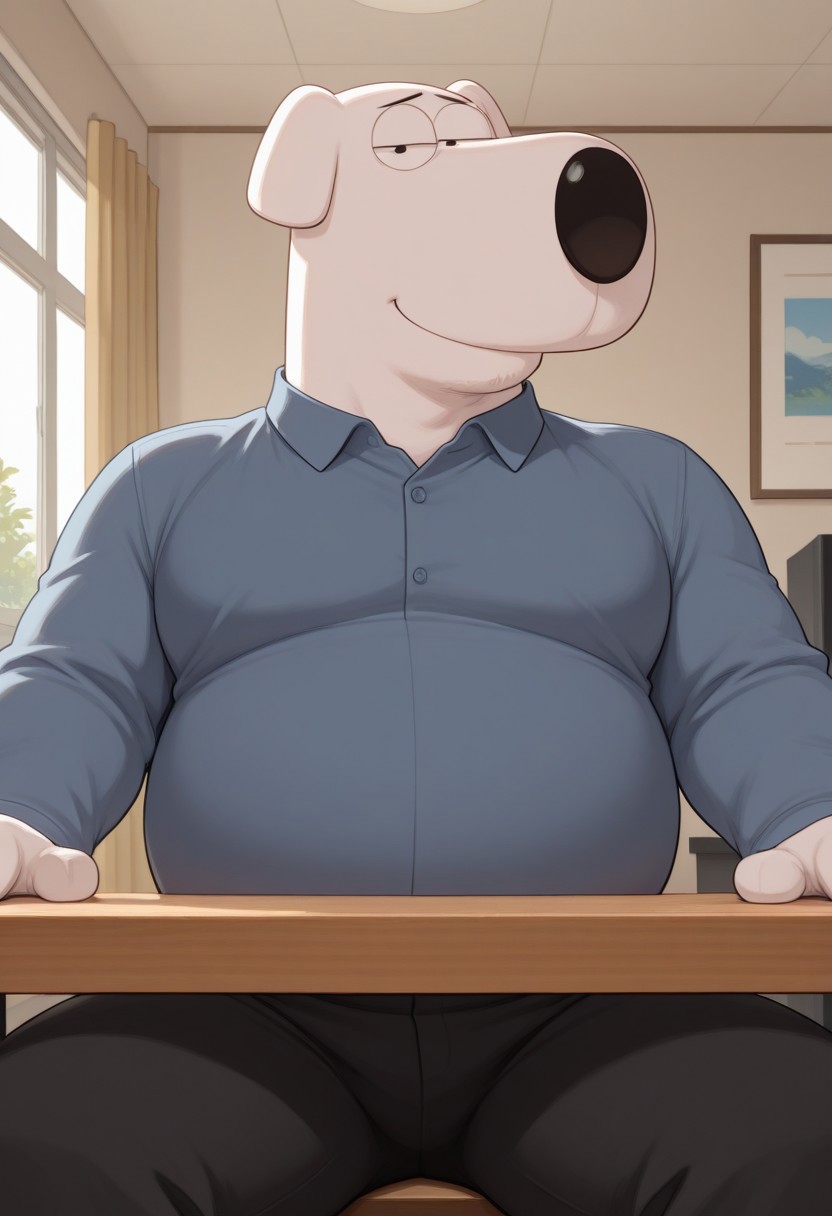 high quality, detailed, Brian Griffin, broad shoulders, mature male, black eyes, chubby, animal ears, canine, anthro, white body, bottom heavy, floppy ears, long snoutt, half lidded eyes, smiling, looking at viewer, sitting at table, blue collared shirt, black pants, half-body shot, high quality, indoors, office