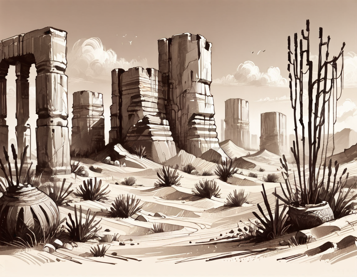 score_9, score_8_up, score_7_up,  <lora:Messy Sketch Style:1>,desert with dunes and cacti, monochrome