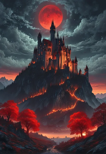 A captivating night scene illustration featuring a forboding and haunted castle on a great  great mountain. The castle and mountain are much like Neuschwanstein Castle in Bavaria.  This enchanting artwork captures a dark and ominous night, where an ominous red bloodmoon hangs above  over the  tree covered mountain range and castle which  stands resolute amidst the great mountains, winged flying creatures flying around, creating a cinematic experience., illustration, cinematic
<lora:DonM3t3rn1tyXL-v1.1:0.7>, DonM3t3rn1tyXL,
OverallDetailXL  <lora:MJ52:0.3>  <lora:SDXLFaeTastic2400:0.4>  <lora:EpicF4nta5yXL:0.7>