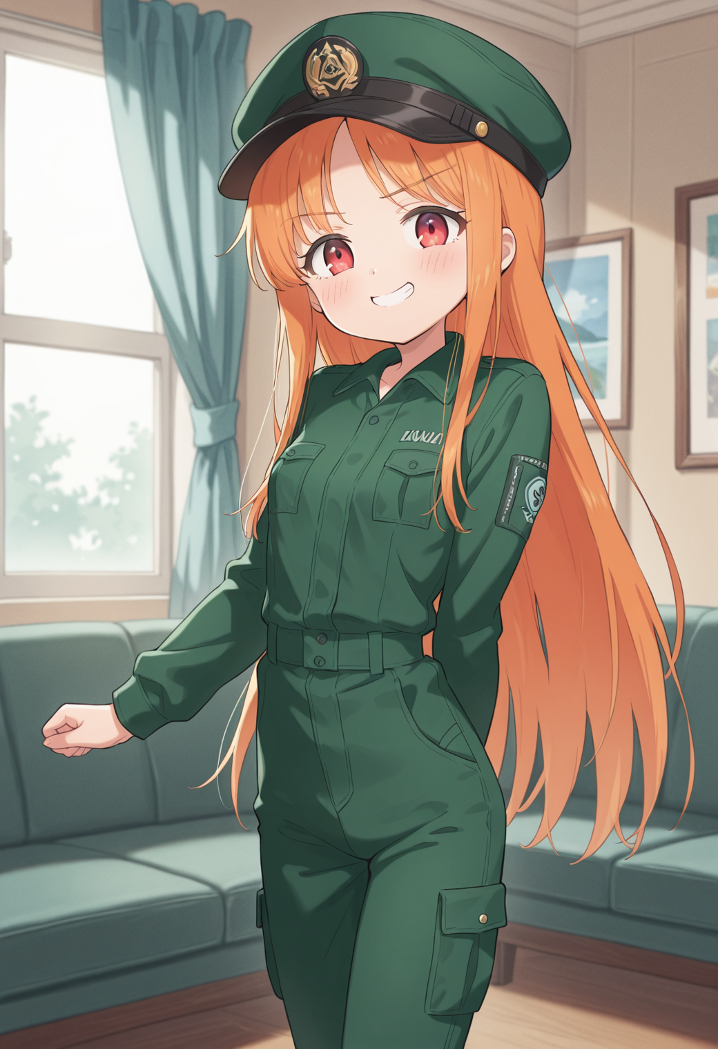 (detailed background:1.1), indoors, window, couch, living room,
BREAK
(1girl, solo:1.2), orange  hair, very long  hair, straight hair , parted bangs , red  eyes   , smile , running  
BREAK
jumpsuit , hat  
BREAK
(skinny, narrow waist, small breasts:1.1), 
 <lora:Poruserin_Style_Illustrious:1>