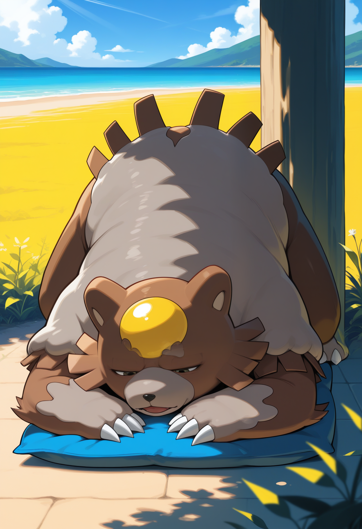 masterpiece,best quality,amazing quality, 1boy, solo,  luna, pokemon (creature), sleeping,  

sunshine, outside,