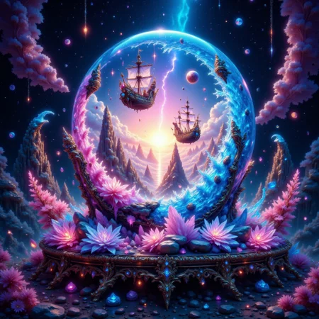 bo-exposure, pinketherealmj, a crystal ball showing A beautiful magical ocean inside, with a fleet of fantasy style mini viking ships. The crystal ball is floating inside a colorful cosmic storm on space, magical glow, internal glow, magic, fantasy, glowing, colorful,