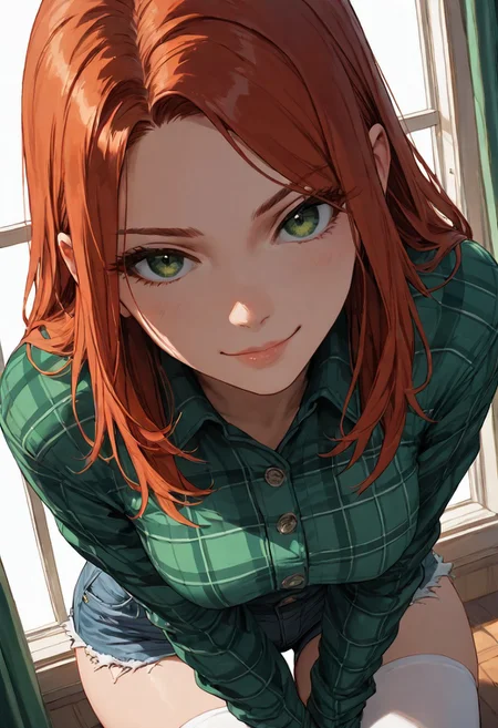 (score_9, score_8_up, score_7_up), zPDXL3, (drawn, wide hips:1.3),1girl, solo, medium breasts, redhead,
green eyes, long hair, white thighhighs, denim shorts, green flannel, from above,
baroque hall, window, red curtains, (face focus, close-up:1.3),
looking at viewer,
dutch angle,
smug,