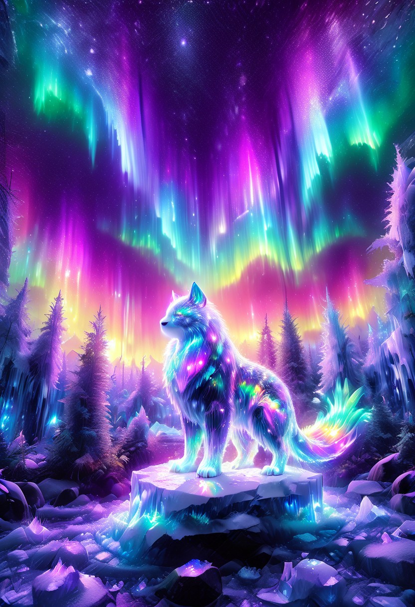 lazympos, morph-aurora, A platinum-tier animal sitting in  an aurora-lit crystal forest, prismatic light shards refract through ice formations, glowing celestial patterns dance across its obsidian collar, hyper-detailed fur texture with rainbow iridescence, 8k resolution.