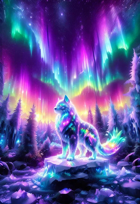 lazympos, morph-aurora, A platinum-tier animal sitting in an aurora-lit crystal forest, prismatic light shards refract through ice formations, glowing celestial patterns dance across its obsidian collar, hyper-detailed fur texture with rainbow iridescence, 8k resolution.