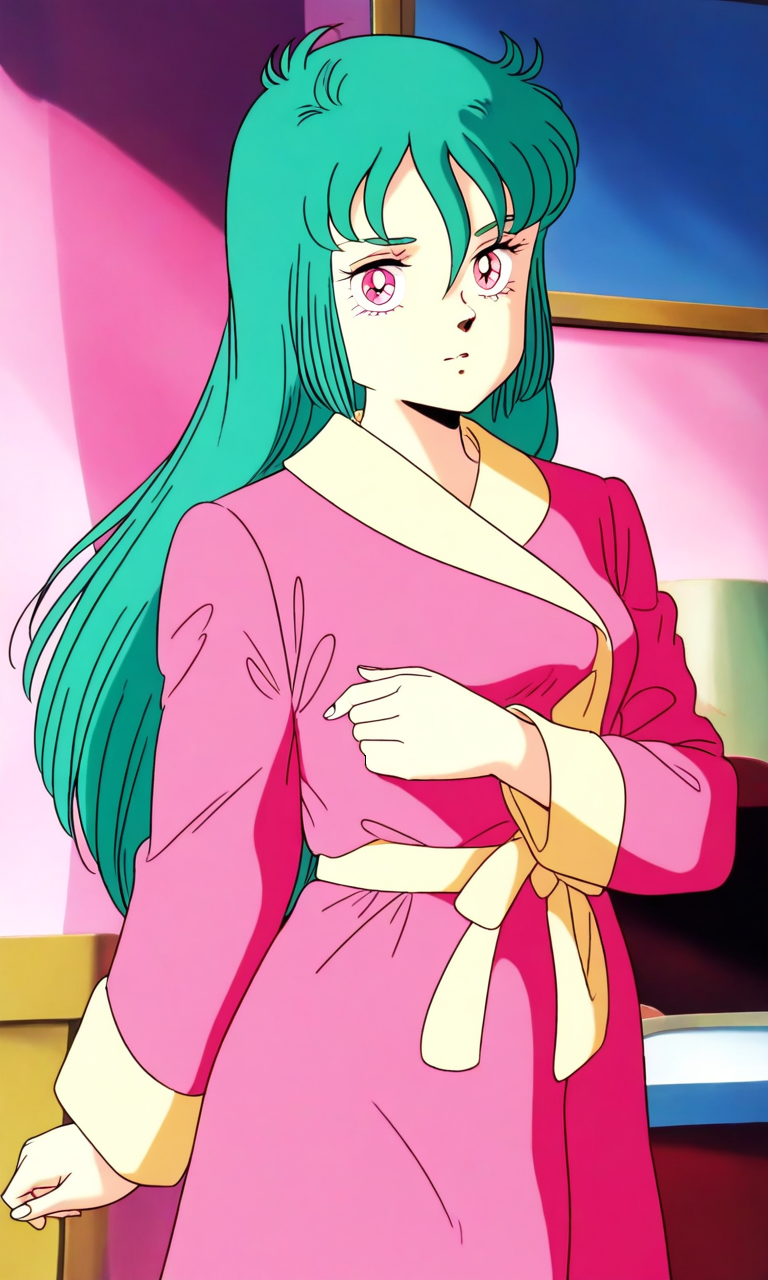 general,highres, ultra-detailed,very aesthetic,best quality ,best hands, BREAK <lora:Ciela_Lapana_gown_IS:1>
Ciela_Lapana(gown), 1girl, solo,  long hair, green hair, pink eyes, bangs, medium breasts, pink and Yellow gown, robe,
pajamas, indoors,  cowboy Shot,
long sleeves, retro artstyle, 1980s (style), anime coloring,