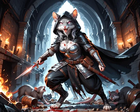 (score_9, score_8_up, score_7_up), Best quality, realistic, photorealistic rendering, ((indoors)), torchlight interplay on fur, stone walls, dungeon, action shot, (dimly lit), Lifelike hair gloss, Photorealistic color grading, expressiveh, full body shot, ((cowboy shot)), ((dynamic angle)),
<break>
Skaven, ratfolk, solo, furry 1girl, grey fur, glowing neon pink eyes, rogue, (medieval leather armor), long black cape, detailed face, knicked ear, black hood, black leather pants, boots, scar over eye, ears through hood, cautious, serious tone, (((detailed fur, fur tufts, thick fur))), (holding a dagger), (((grey fur), silver hair)), medium length hair, (bangs), cleavage, gothic fashion, fighting another, mouth open, angry, blood on dagger, motion blur
<break>
1man wearing cheap armor is large and dirty, eyes closed holding club, blood on body, roar in pain.