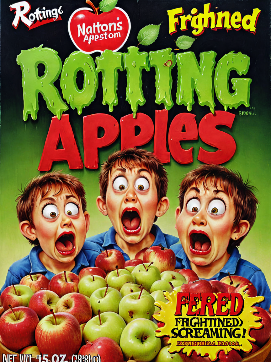 <lora:cereal_box_sdxl_v1:0.9> rotting apples, frightened, scared, terrified, screaming