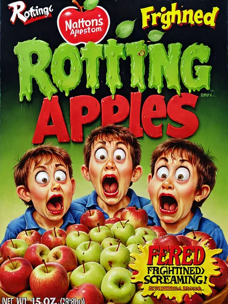 <lora:cereal_box_sdxl_v1:0.9> rotting apples, frightened, scared, terrified, screaming