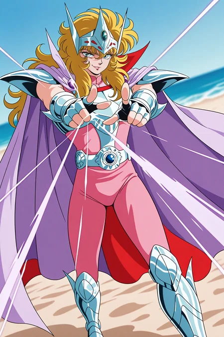 masterpiece, best quality, amazing quality, very aesthetic, absurdres, newest,SS_MIS, 1boy, male focus, blue eyes, light pink lipstick, blonde hair, wavy hair, long hair, circlet, (white-violet cape, red inner cape, high collar), silver pauldrons, silver breastplate, silver fingerless gauntlets, sleeveless pink bodysuit, belt, belt buckle, silver greaves, retro artstyle, pointing at viewer, finger beam, smirk, evil, beam, beach background, outdoors, depth of field, dynamic angle