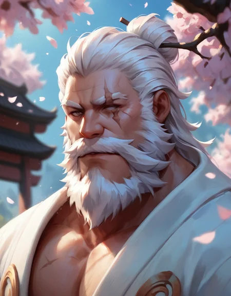 score_9,score_8_up,score_7_up,score_6_up,front view,A muscular old man standing under a cherry blossom tree,intricate details,<lora:ponyreinhardt:0.8>,reinhardt,scar across eye,One eye is blind,beard,white hair,