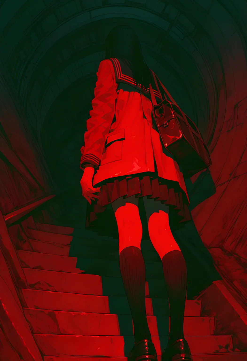 <lora:748cmSDXL:1>, best quality, masterpiece, 748cmstyle, red theme, 1girl, black socks, pleated skirt, school uniform, from behind, shoulder bag, shoes, stairs, kneehighs, loafers, long hair, from below, long sleeves, serafuku, horror (theme), black hair, black sailor collar, standing, facing away, full body, black skirt, school bag, jacket