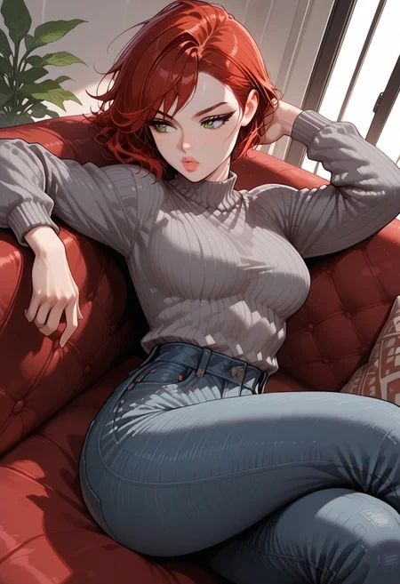 masterpiece, best quality, 32k, high resolution, absurdres, 1girl, Jane, JaneRH, short red hair, swept hair, fit, medium breasts, green eyes, beautiful lips, little freckles, toned, dynamic pose, aesthetic, grey sweater, denim pants, looking away, indoor, sitting on a couch, crossed legs, Dutch angle, open arms, focus on face, high angle view, parted lips