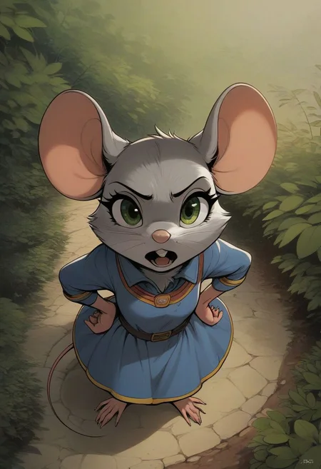 score_9, score_8_up, score_8, (solo), (solo:2), (fluffy:0.8), (feral), outdoors, furry, (((mouse))), female, vivid green eyes, grey fur, grey ears, claws, (fluffy cheeks:0.4), (blue dress), cute, in the style of beatrix potter, cel-shading, fca style, backlit, (high angle view:2), forest, (path), look at viewer, hands on hips, annoyed expression, (open mouth, talking)