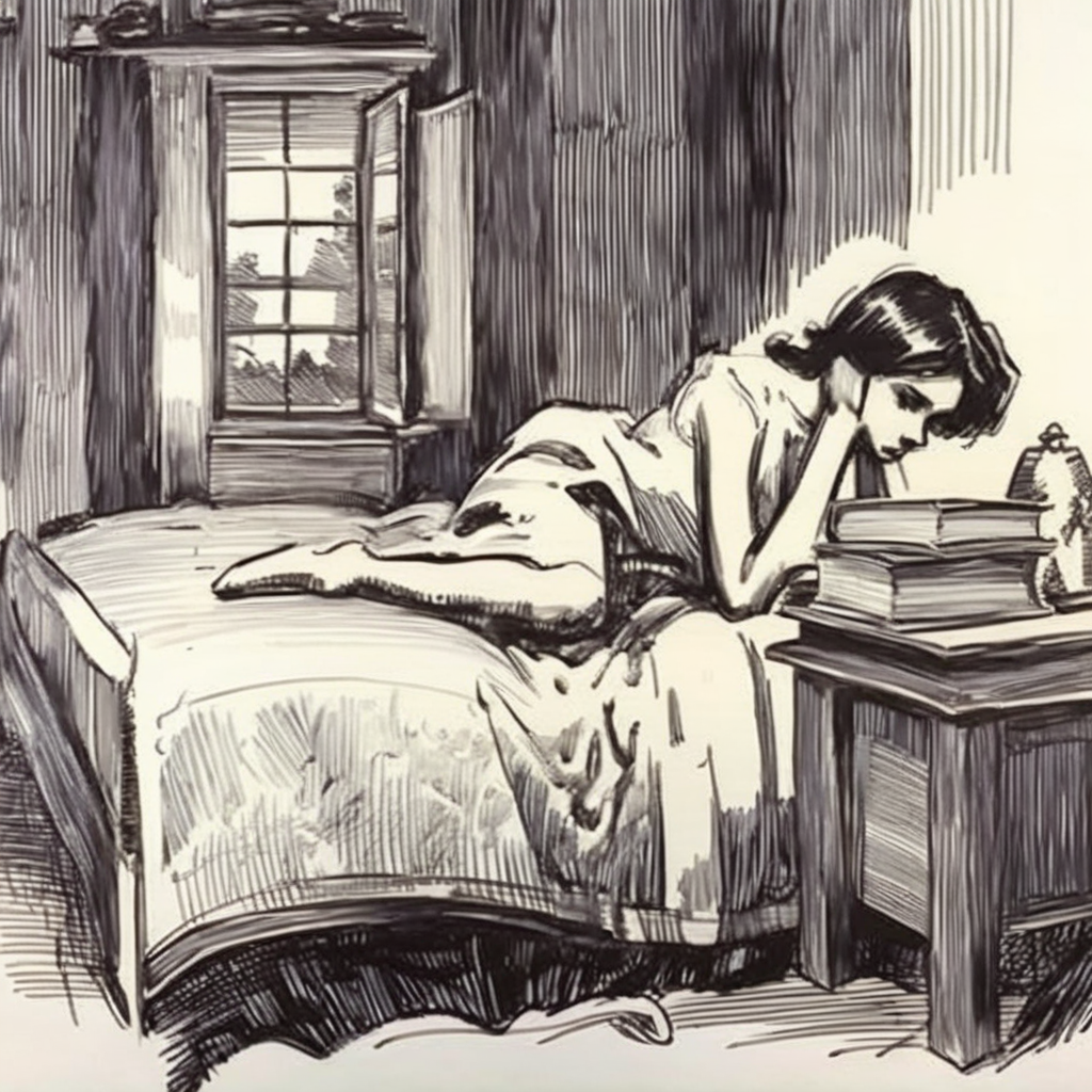 drawix6 girl on the bed in the bedroom with a book, black ink <lora:drawix6:1>
