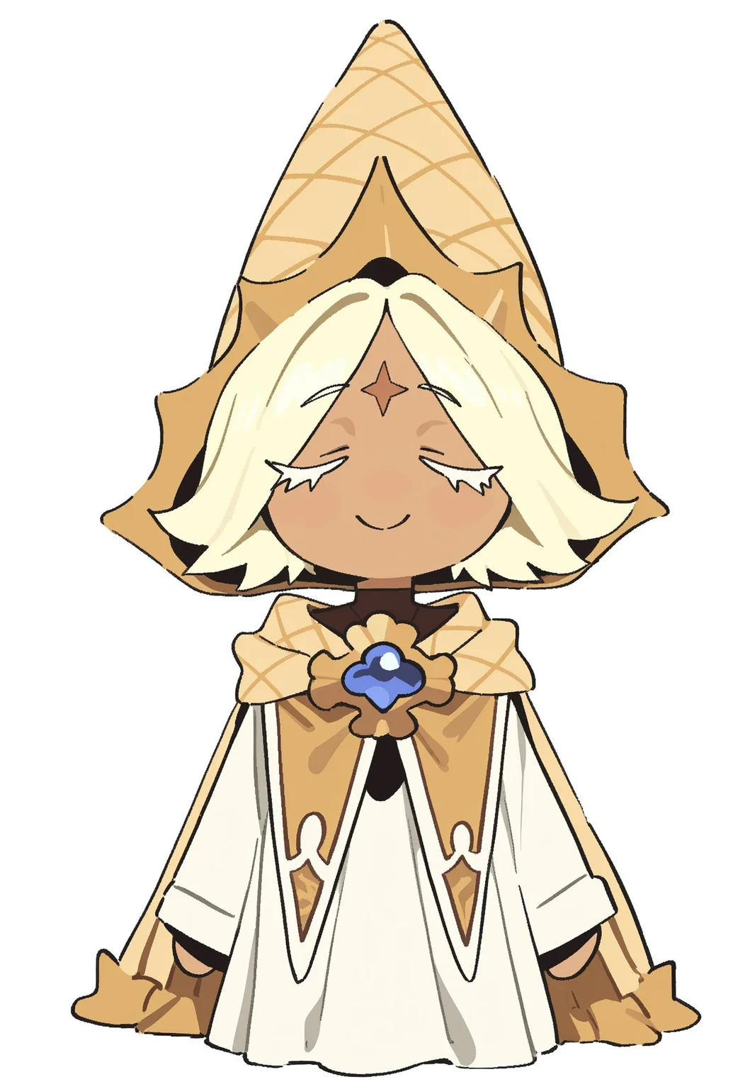 whoopsatr, anime, masterpiece, best quality, detailed background, 8k, 1boy, solo, pure vanilla cookie, tan skin, blonde hair, short hair, parted bangs, white eyelashes, forehead marking, hat, cone hat, yellow cloak, brooch, white robe, dark brown undershirt, closed eyes, chibi, standing, white background, smile, full body, staring at viewer, no pose,
