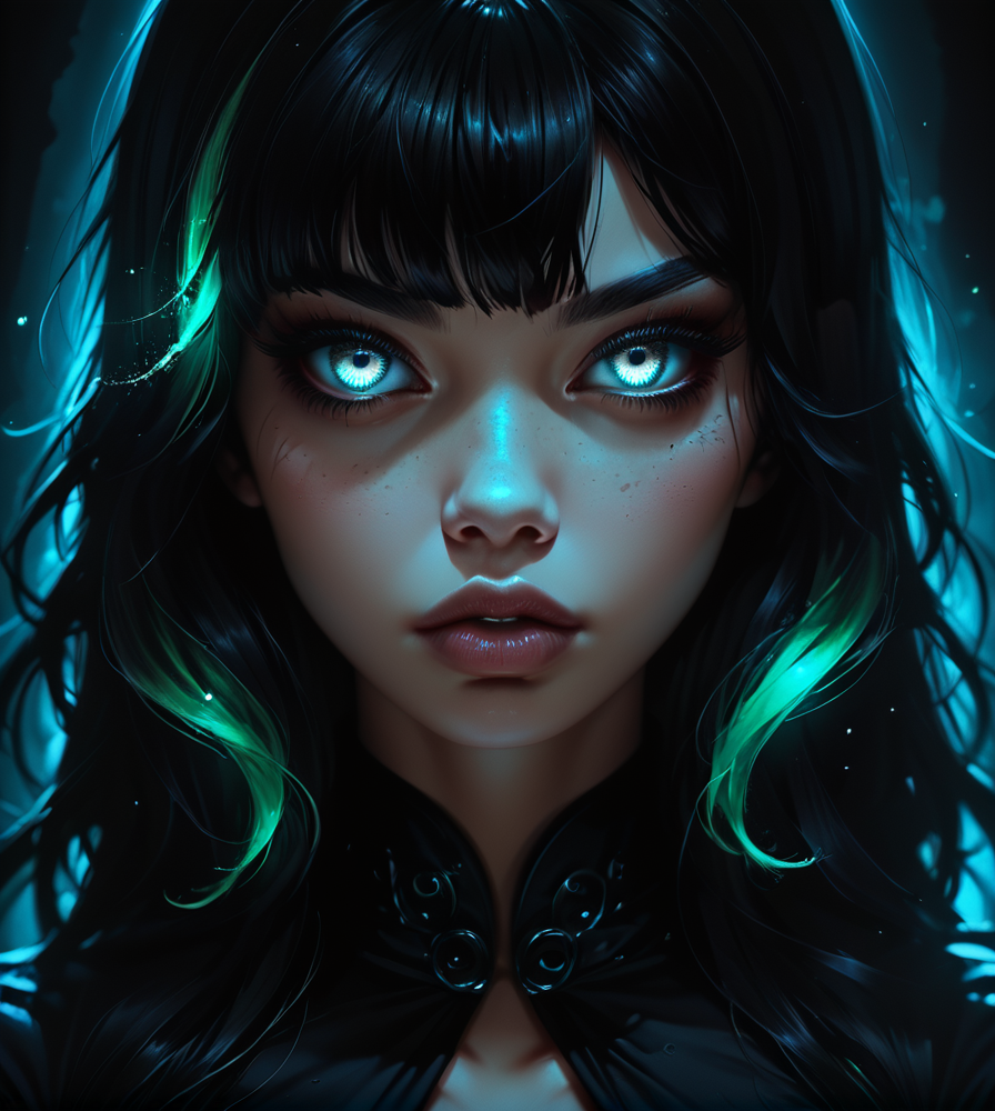 masterpiece,high resolution,8k,score_9.score_8_up,score_7_up,source_anime,
,,1girl, ,black clothes,,upper body,colored hair,lips,nose,dark eyes
 <lora:glowPony-9:0.6>,gl0w,glow