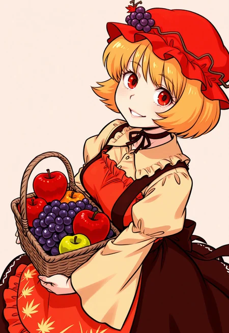 masterpiece, best quality, aesthetic, colorful, <lora:DittoHead7-8:1>, BREAK, (Aki Minoriko), smile, happy, parted lips, basket, apple, grape, vegetable, carrying, leaves in the wind, maple leaf, female focus, simple background, looking at viewer, view from above,