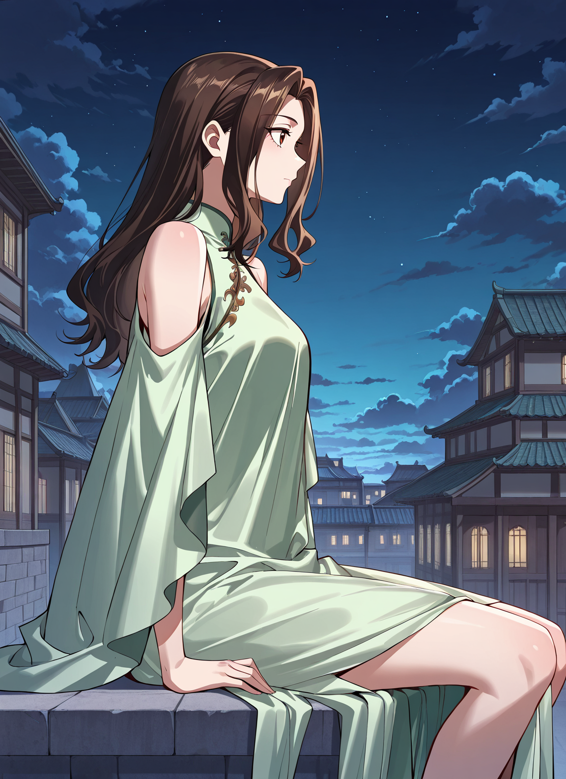 <lora:Lu_Luo:1>
1 girl, solo, long hair, brown hair, brown eyes, bangs
chinese clothes, green dress, bare shoulders, shoulder cutout, clothing cutout
score_9, score_8_up, score_7_up, score_6_up, source_anime, masterpiece, best quality, absurdres, highres, newest, anime coloring <break>  1girl, solo, sitting, on wall, from side, town, night sky, cloud