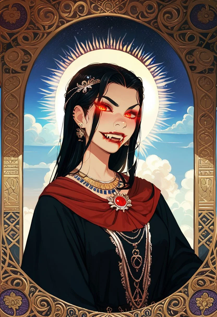 Score_9, Score_8_Upper, Score_8_Upper, Score_8_Upper, Score_8, solo, 1girl, anime, perfect face, bloody mouth, vampire sorceress, pale skin, black hair, black brows, scarlet eyes, piercing gaze, glowing eyes, decorated robes, golden jewelry, black gothic full robes, stitch marks, stitched skin, ghastly pale skin,
night sky, egyptian temple background, large fangs,