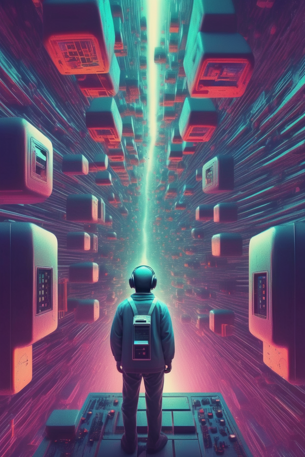 <lora:Beeple (Mike Winkelmann) Style:1>Beeple (Mike Winkelmann) Style - gamer lost in mind in multiple dimension matrix in the style of retro scifi and dark