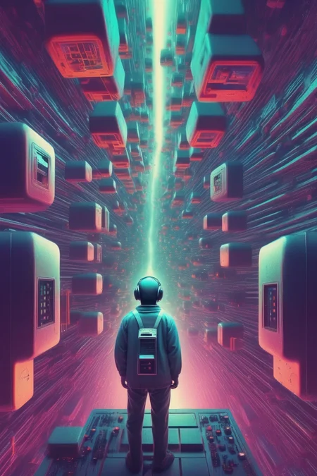<lora:Beeple (Mike Winkelmann) Style:1>Beeple (Mike Winkelmann) Style - gamer lost in mind in multiple dimension matrix in the style of retro scifi and dark