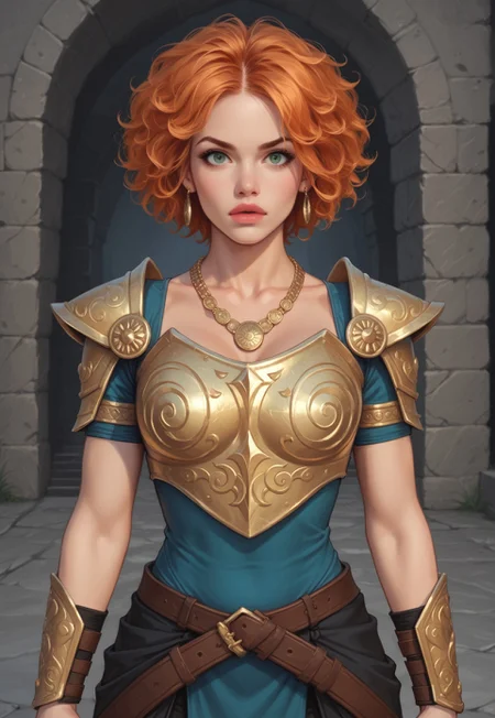 safe_pos, score_9, score_8_up, score_7_up, score_6_up, fearless warrior, intricate golden armor, mythical, flowing ginger hair, hyper-realistic, epic angle, dramatic lighting, wielding a legendary flaming sword, powerful physique, fierce expression, piercing emerald eyes, ready for battle
BREAK
standing atop a ancient stone fortress
BREAK
source_action_art, rating_explicit, awe-inspiring, upper body, dynamic pose, powerful stance
BREAK
highly detailed environment, crumbling stone walls, distant mountain range, stormy skies, flickering torches, battle-ready ambiance