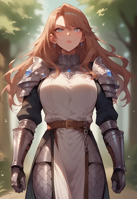 safe_pos, score_9, score_8_up, score_7_up, source_anime,
1girl, kirika, brown hair, long hair, blue eyes, large breasts, slim figure, paladin, serious expresion,
surcoat, chainmail, armor,
standing, dynamic pose, cowboy shot,
outdoor, forest, blurry background, blurry,
Expressiveh, rating_explicit
