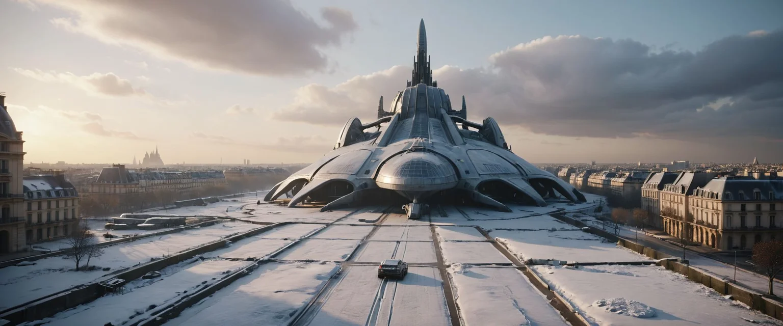 RAW photography, cinematic, science fiction theme, ( an ultra realistic futuristic military spaceship is landing:1.4), ground view of 2077 landscape of a frozen futuristic Paris, haussman architecture, Grand Palais, Le Louvre, Notre Dame, post apocalyptic city, survivors basecamp, little fires, shanti town, great composition, heavy snowing, rules of third, organic city , (ultra realistic:1.2), photorealistic, color graded cinematic, dramatic light, pale sunrise, cinematic lighting, battered, low angle,8k, hyper realistic, focused, extreme details, unreal engine 5, Every element is rendered in extreme quality, aiming for an ultra-HD 8K resolution level of detail. The cinematic and hyperrealistic style makes it feel like a freeze-frame from a high-budget dark fantasy film. The use of film grain adds a texture that gives the scene a gritty, realistic feel