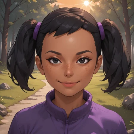 score_9, score_8, BREAK, solo, wii, mii, wii sports, 1girl, female mii, dark skin, freckles, black hair, twintails, black eyes, purple clothing, black pants, shoes, cute, Miyu_(Wii_Sports), nintendo mii, modern_mii, classic_mii, breasts, sexy pose, smile, outdoors, sunlight, shadows, evening lighting, natural lighting, forest, trees, grass, orange sky, sunset
