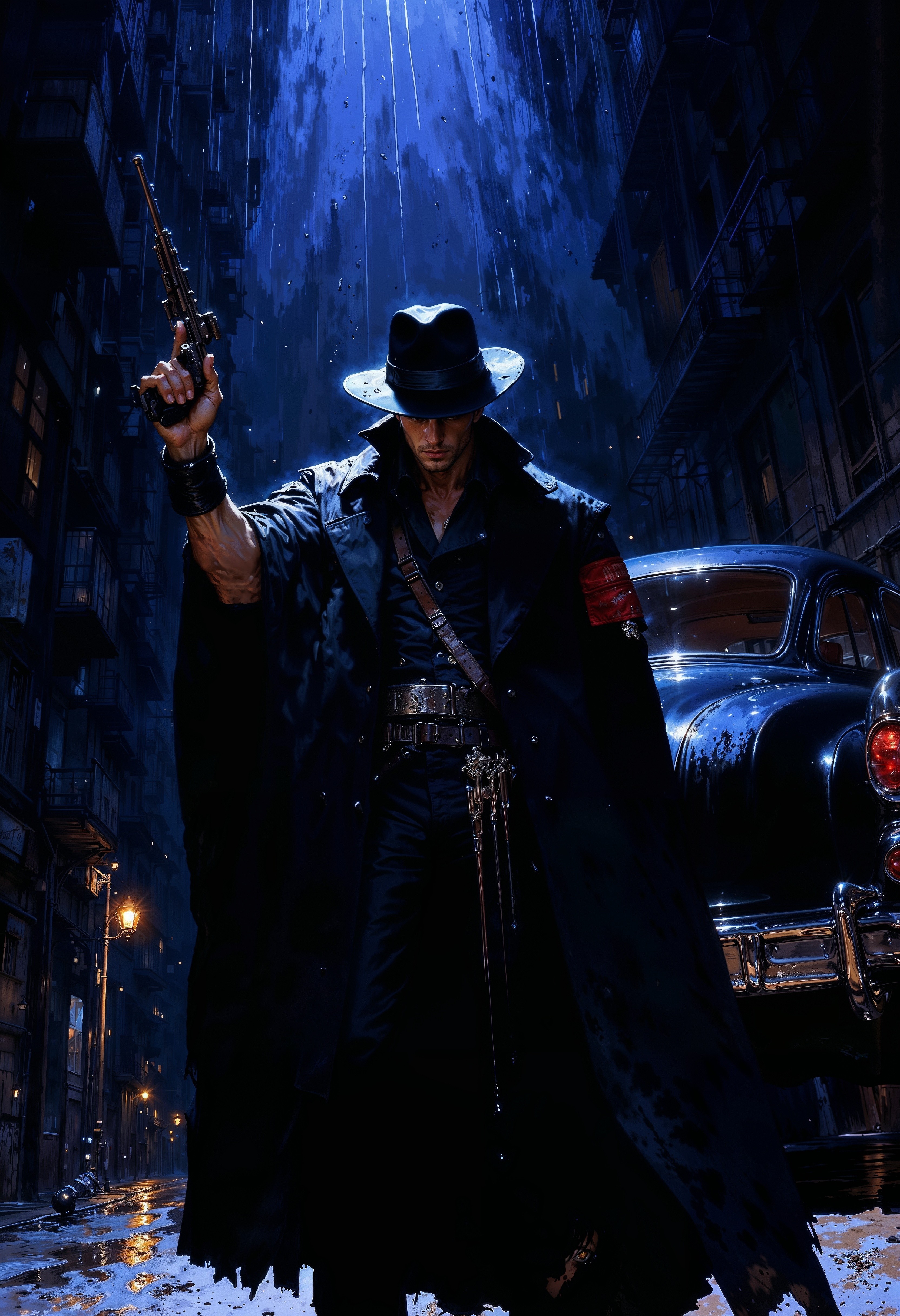 a digital illustration with a Neo Noir style, featuring a dramatic, rain-soaked urban setting. The layout is vertical, focusing on a solitary figure in the foreground. The subject is a man with light skin, wearing a dark trench coat and a fedora, casting a shadow over his face. He holds a gun in his right hand, pointed upwards, and wears a red armband on his left arm. Behind him, a vintage car is partially visible, illuminated by a streetlight that casts a blue hue across the scene. The rain is depicted with streaks of light, enhancing the moody atmosphere. The overall color palette is dark, with shades of blue and black dominating the scene, creating a sense of mystery and tension. detailed, textural, artistic, aesthetic, intricate details, highly detailed, vivid, vibrant, mythp0rt, DB4RZ, DB4RZ style painting <lora:FLUX-daubrez-DB4RZ-v2:0.5> <lora:FluxMythP0rtr4itStyle:0.7> <lora:Elden_Ring_-_Yoshitaka_Amano:0.7> <lora:flux.1_lora_flyway_Epic-detail_v2:0.65> <lora:DarkCore:0.7>