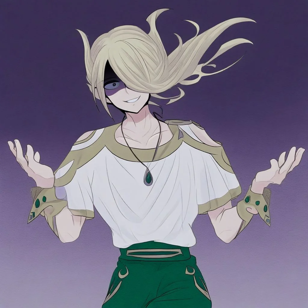 solo, 1boy, male focus, blonde hair, grey eyes, hair over one eye, VoloSinnoh, floating hair, white shirt, wrist cuffs, green pants, shoulder cutout, necklace, smile, shaded face