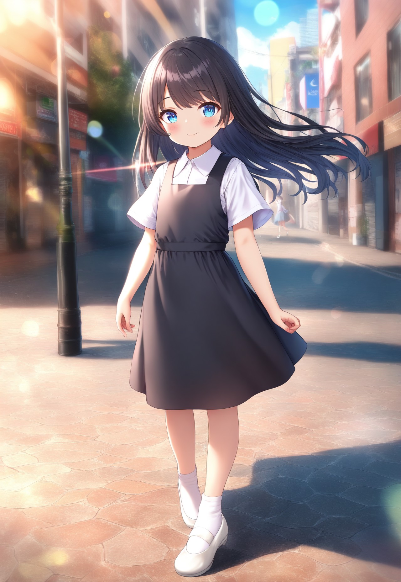 masterpiece, best quality,amazing quality,(1girl), solo,(depth of field),(solo focus),8K,HDR,(ultra high res),(highres),(full body),(lens flare),smile,blush,(black hair),(long hair),(blue eyes),(floating hair), sidelocks,(malaysian secondary school uniform),(pinafore dress),(black skirt),(black pinafore),(collared shirt),(white shirt),(short sleeves),(white socks),(short socks),(white footwear),(ballet flat),(outdoor),(cityspace),(city),(street),(lampost),(standing),(looking at viewer),child